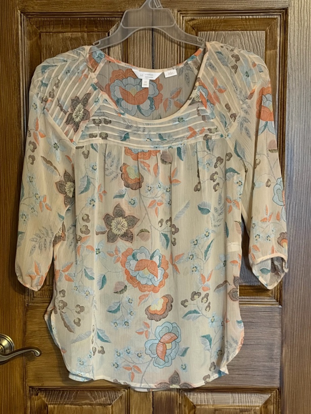LC Lauren Conrad Cream Floral Sheer Pin-tuck Yoke Blouse with Pastel Accents